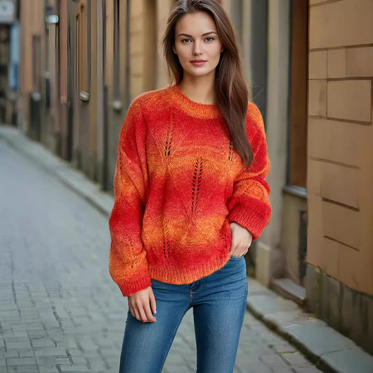 Damen lässiger Strickpullover mit modernem Lochmuster und voluminösen Ärmeln Heidi-Mode