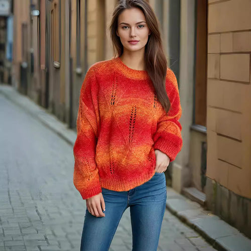 Damen lässiger Strickpullover mit modernem Lochmuster und voluminösen Ärmeln Heidi-Mode