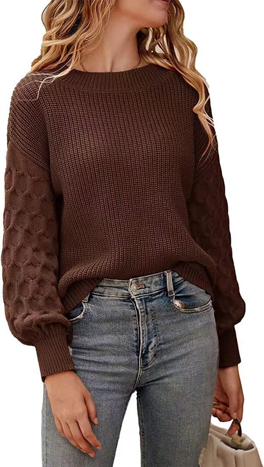 Damen modischer Strickpullover mit strukturierten Ärmeln und Rundhalsausschnitt Heidi-Mode