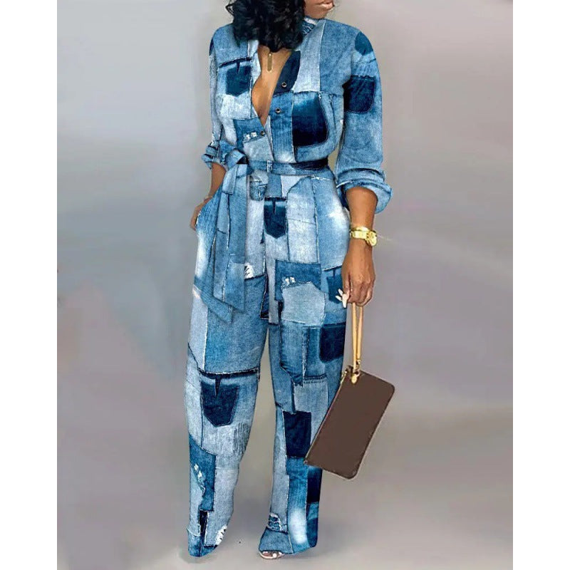 Damen Denim Jumpsuit mit modischem Patchwork-Design und praktischen Taschen Heidi-Mode