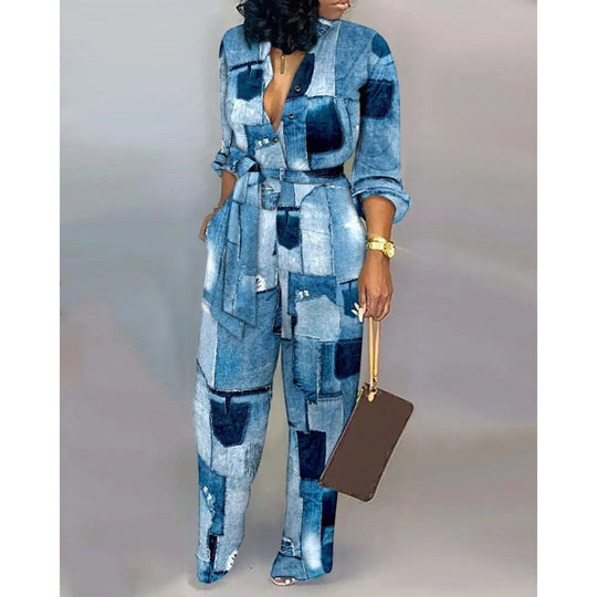 Damen Denim Jumpsuit mit modischem Patchwork-Design und praktischen Taschen Heidi-Mode