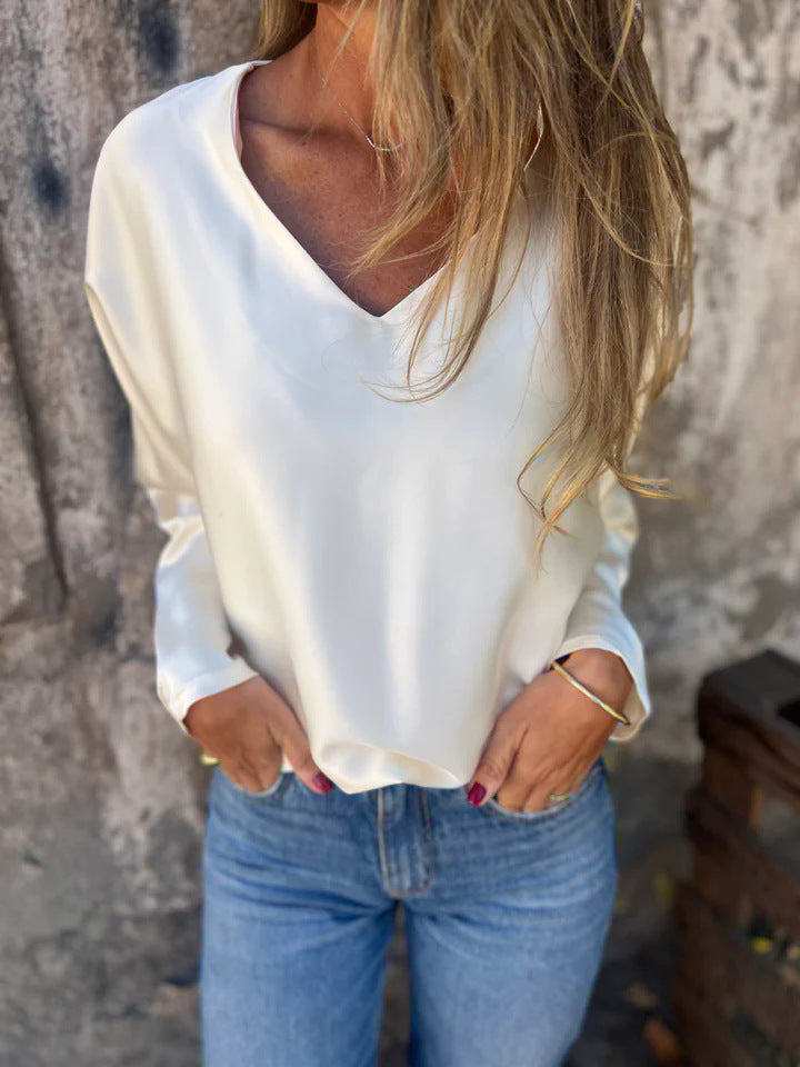 Damen lässiges Oberteil mit besonderem Schnitt und leichtem Glanz Heidi-Mode