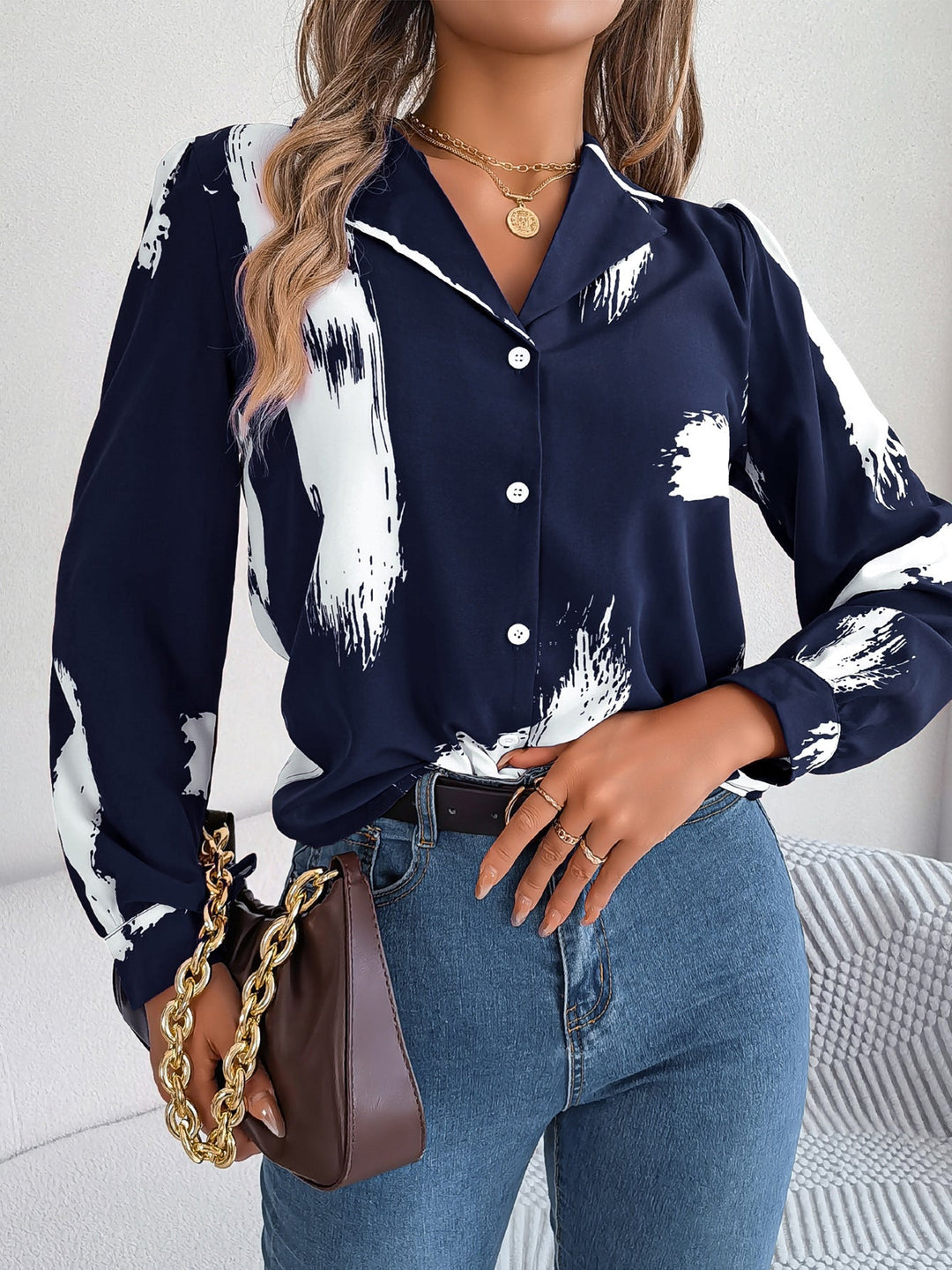 Heidi-Mode | Temperament Farbblockierte Gestreifte Anzugkragen Langarmshirt