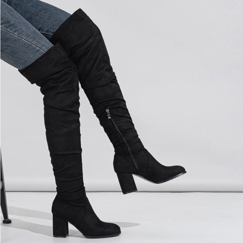 Damen Overknee Stiefel mit eleganter Raffung und plushigem Obermaterial Heidi-Mode