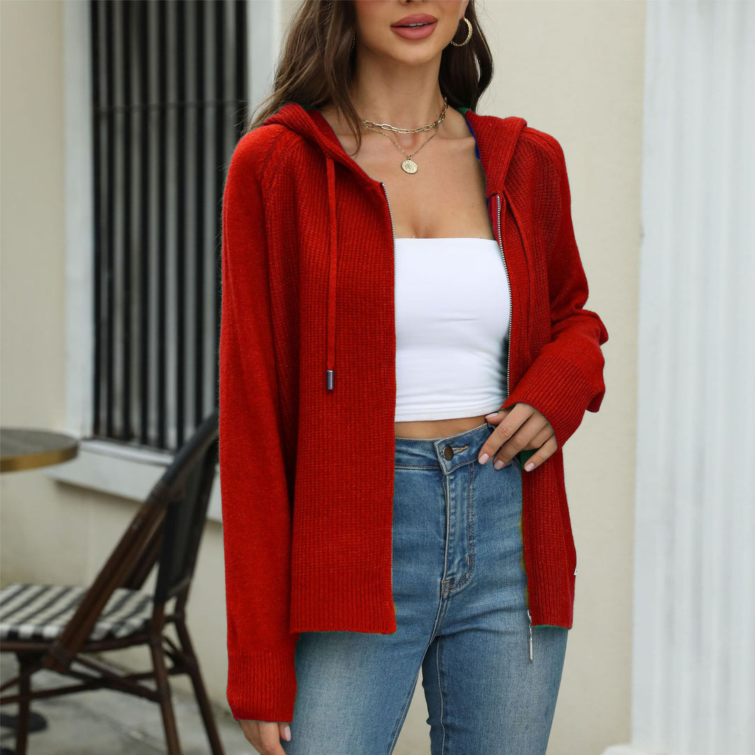 Damen legerer Strickcardigan mit Kapuze und Reißverschluss Heidi-Mode