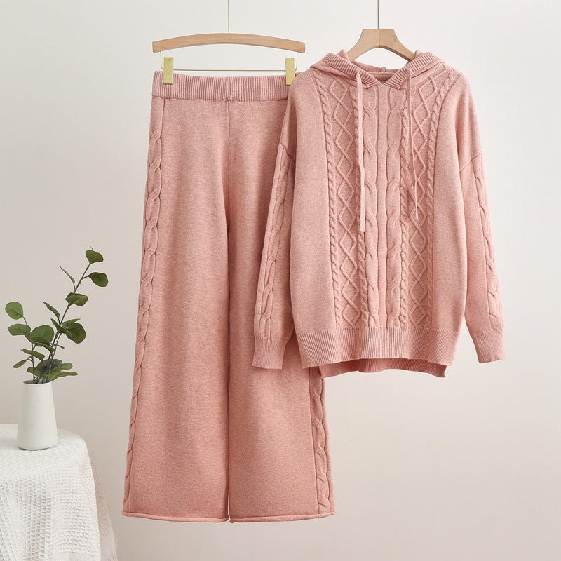 Damen lässiges Strick-Loungewear-Set mit Kapuze und breiten Beinen Heidi-Mode