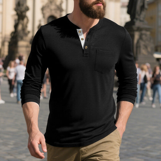Herren Langarmshirt mit Knopfleiste und Brusttasche Heidi-Mode