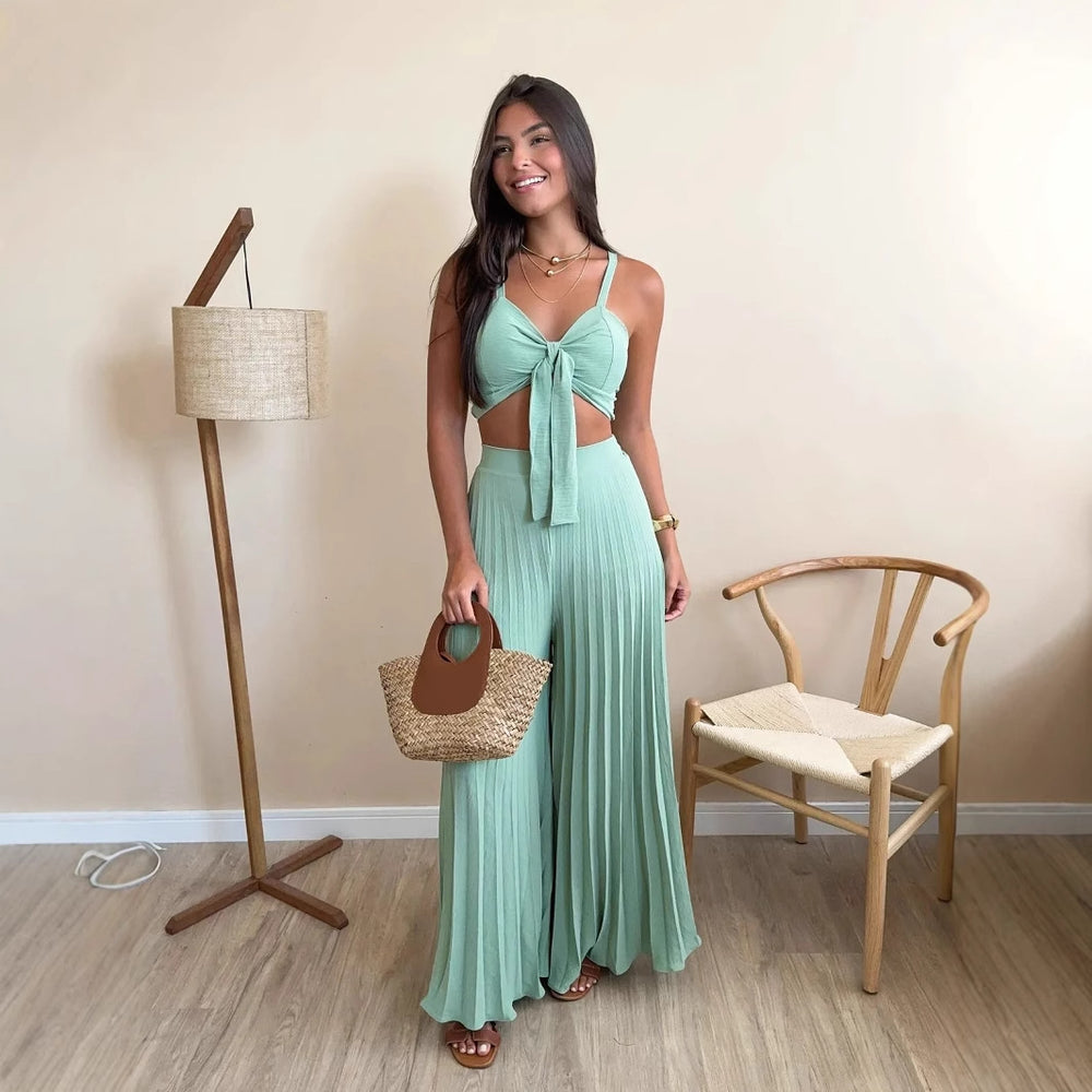 Damen Plissierte weite Hose mit Bindegürtel Heidi-Mode