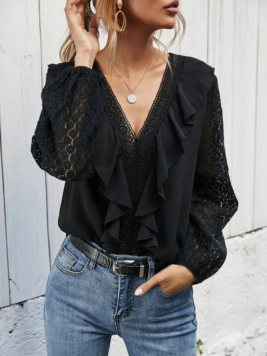 Damen Rüschenbluse mit transparenten Ärmeln und feinen Spitzenakzenten Heidi-Mode