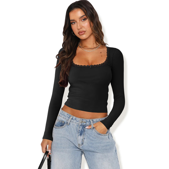 Damen Langarmshirt mit eleganter Rüsche und körpernaher Passform Heidi-Mode