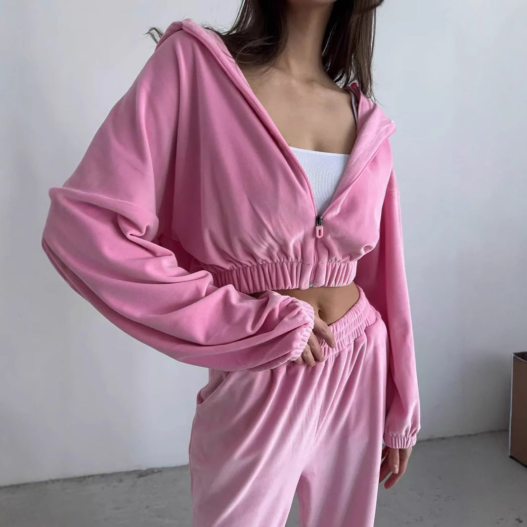Damen Sportliche Velours-Jacke mit modernem Reißverschluss und elastischem Bund Heidi-Mode