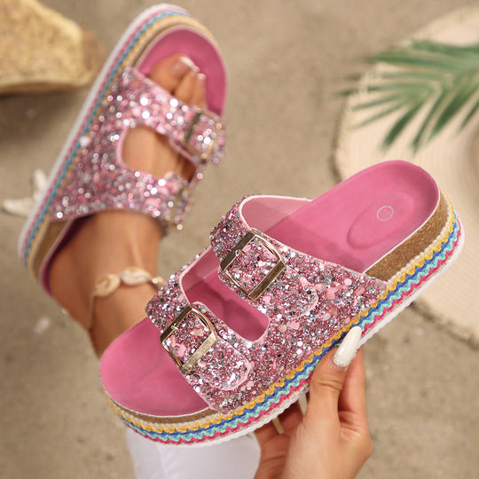 Damen Glitzernde Plateau-Sandalen mit Doppelschnalle und mehrfarbigem Boden Heidi-Mode