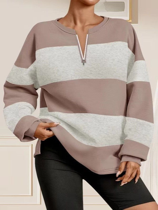 Damen Langarm Sweatshirt mit modernem Reißverschluss und gestreiftem Design Heidi-Mode