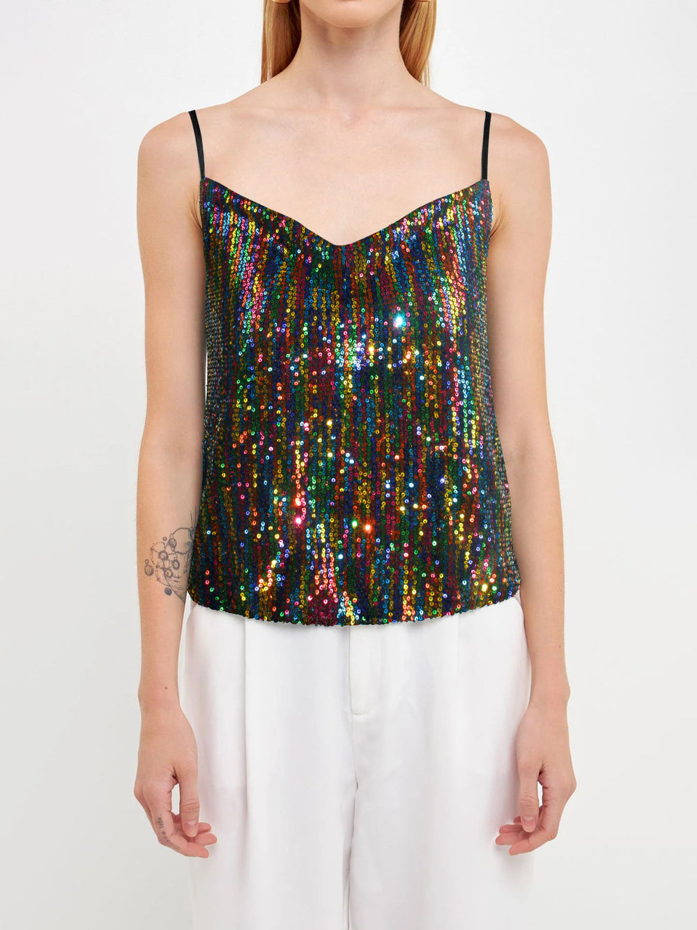 Damen Glitzerndes Spaghettiträgershirt mit V-Ausschnitt Heidi-Mode