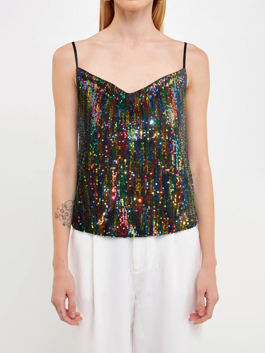 Damen Glitzerndes Spaghettiträgershirt mit V-Ausschnitt Heidi-Mode
