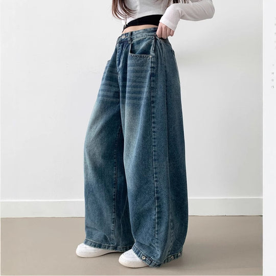 Damen Weite High-Waist Denim-Hose mit Faltenwurf Heidi-Mode