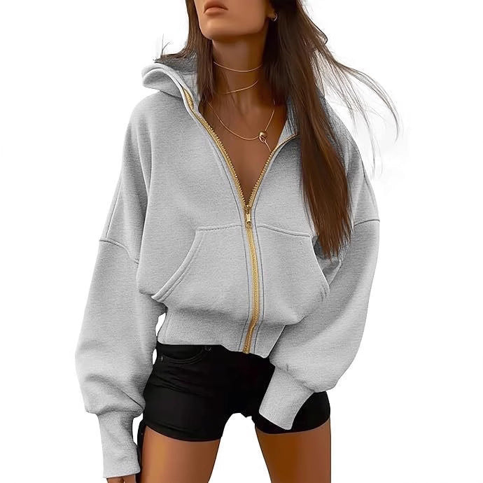 Damen Oversized Kapuzenjacke mit hohem Kragen und goldener Reißverschluss Heidi-Mode