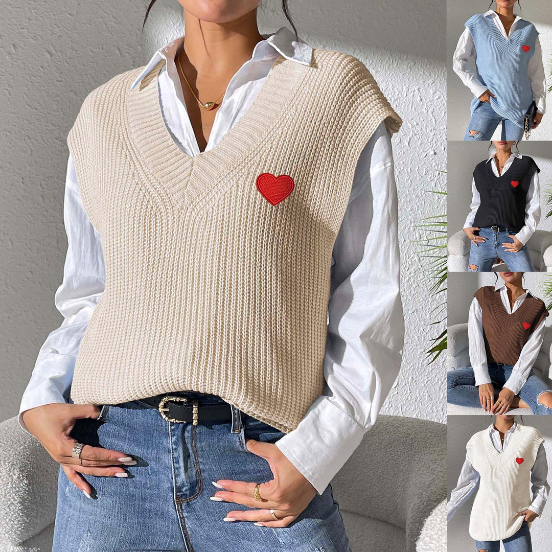 Damen Strickpullover mit V-Ausschnitt und Herzapplikation Heidi-Mode