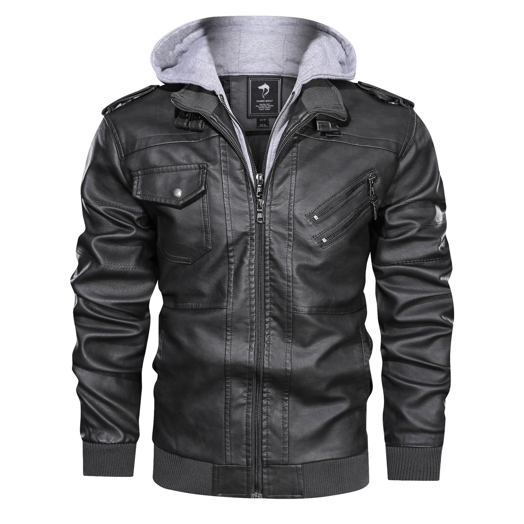 Herren Kunstlederjacke mit abnehmbarer Kapuze und Multifunktions-Taschen Heidi-Mode