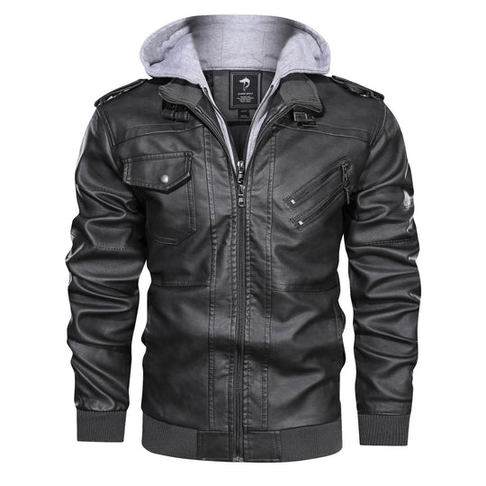 Herren Kunstlederjacke mit abnehmbarer Kapuze und Multifunktions-Taschen Heidi-Mode