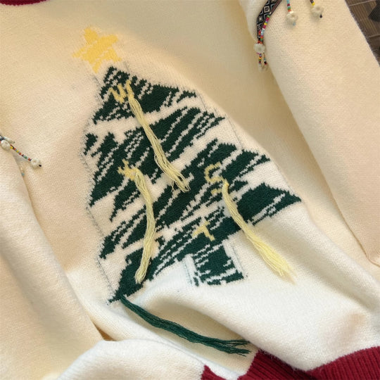 Damen festlicher Strickpullover mit Tannenbaum-Motiv und verspielten Akzenten Heidi-Mode