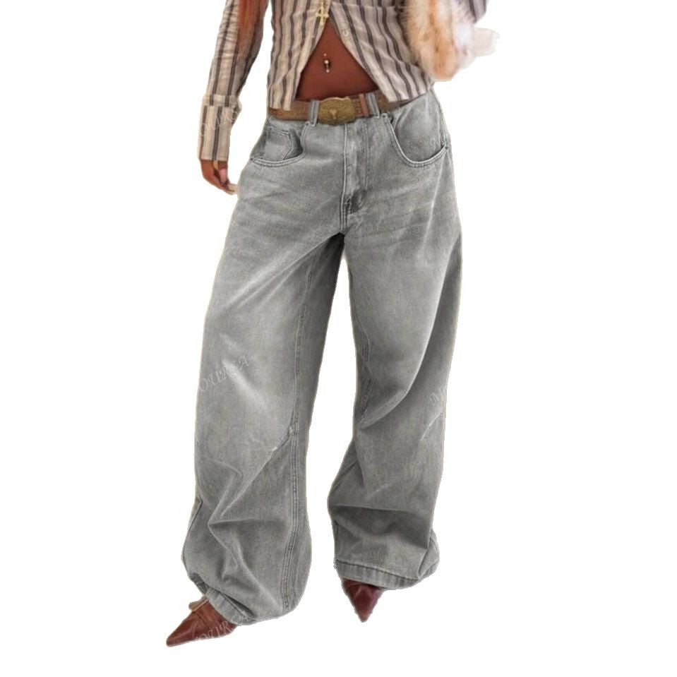 Damen Weit geschnittene Jeanshosen mit funkelndem Gürtel Heidi-Mode