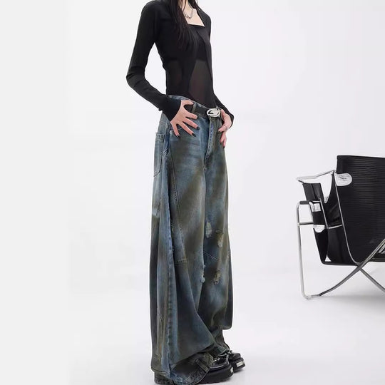 Damen Extrem weit geschnittene Jeans mit modischen Distressed-Details Heidi-Mode