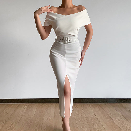Damen Etuikleid mit schulterfreiem Design und hohem Schlitz Heidi-Mode
