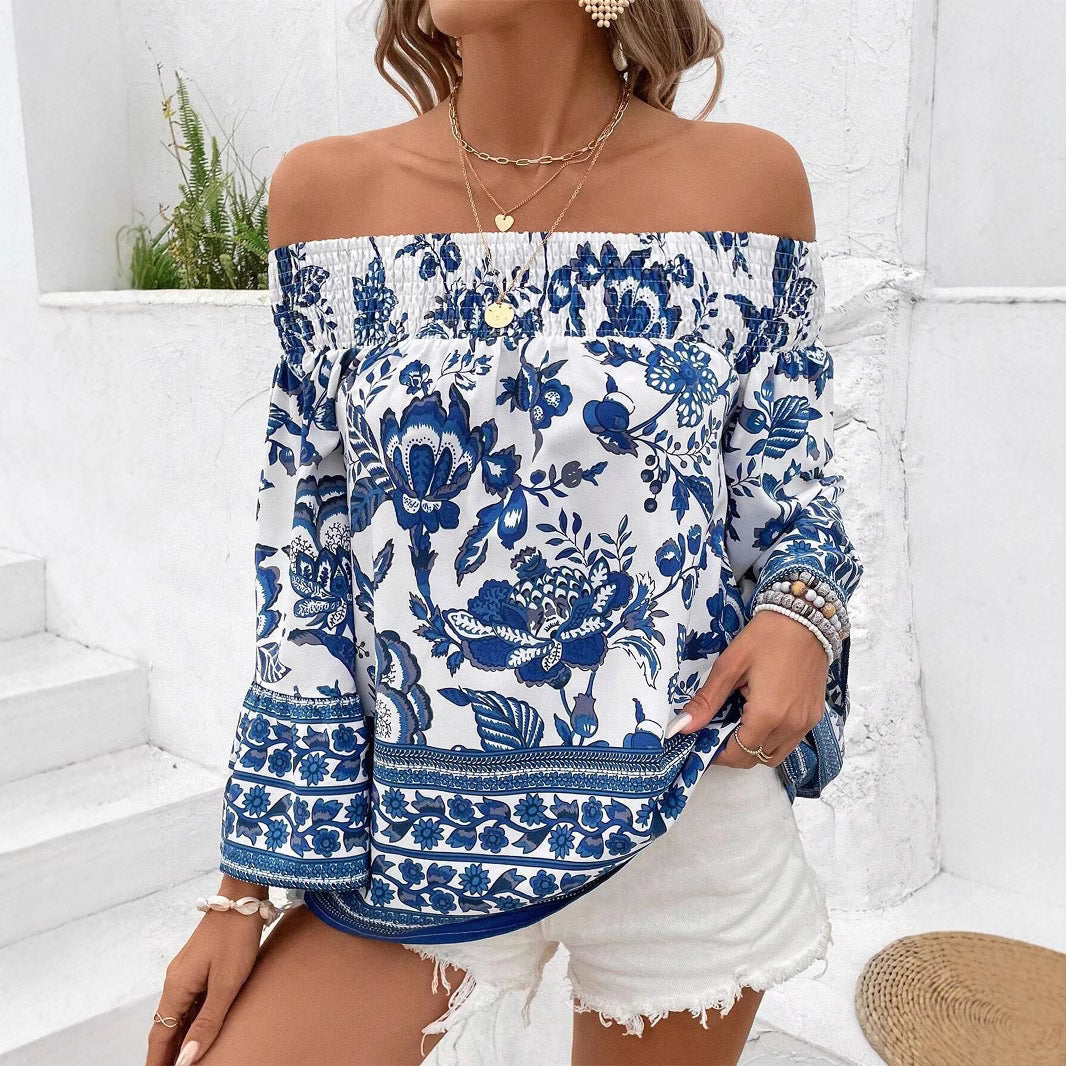 Damen Off-Shoulder Bluse mit floralem Muster und Rüschendetails Heidi-Mode