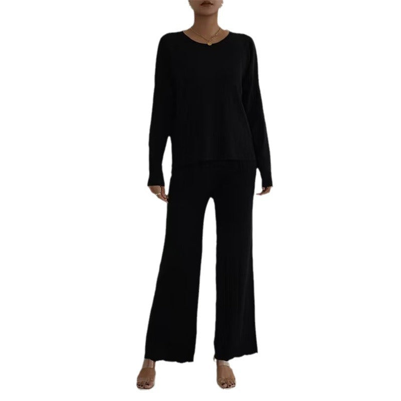 Damen lässiges und elegantes Strick-Loungewear-Set mit weitem Bein und feinen Rippenstrukturen Heidi-Mode
