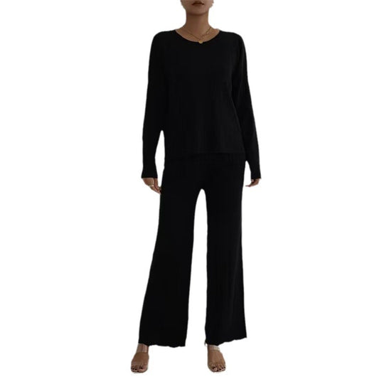 Damen lässiges und elegantes Strick-Loungewear-Set mit weitem Bein und feinen Rippenstrukturen Heidi-Mode