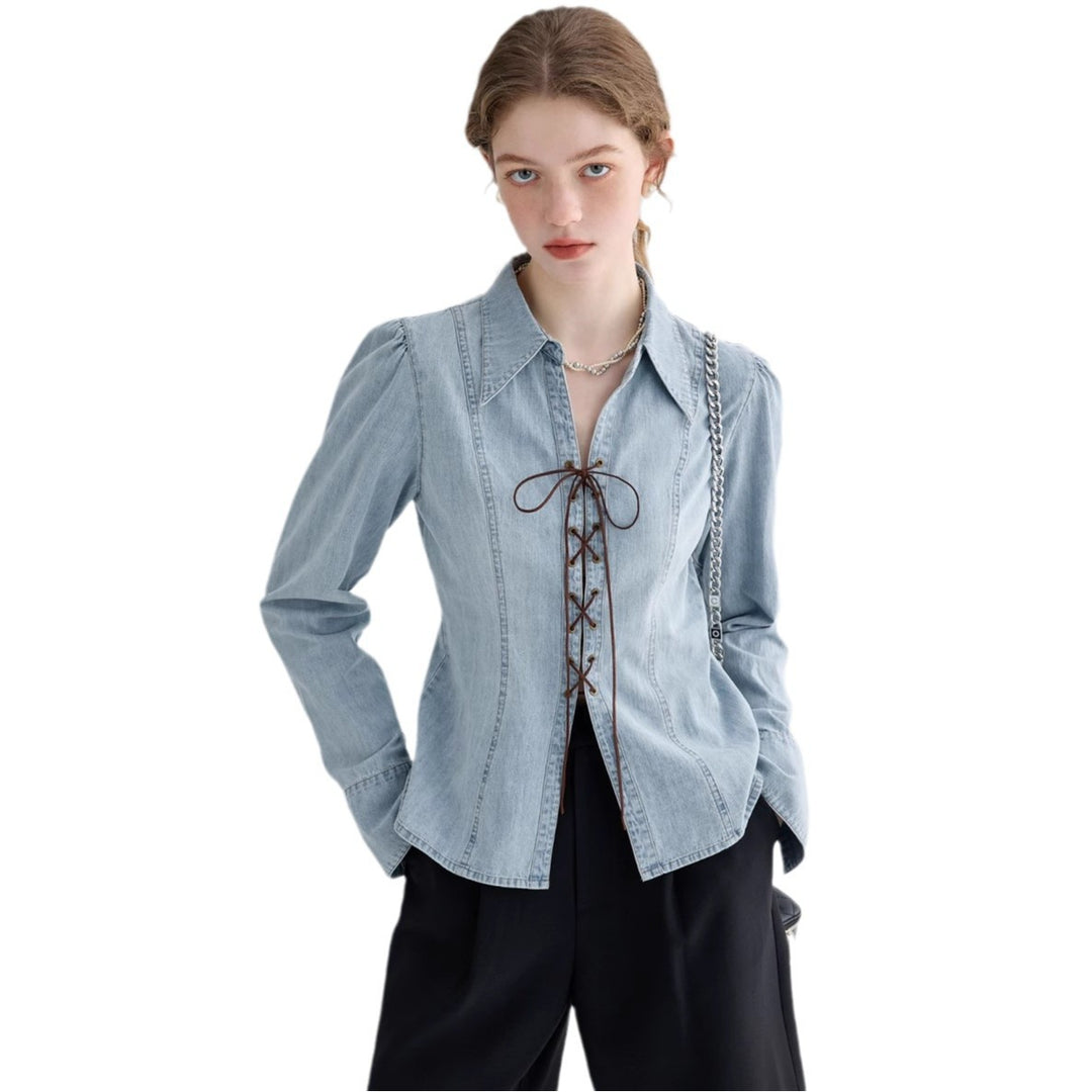 Damen Jeansbluse mit Schnürung und asymmetrischem Schnitt Heidi-Mode