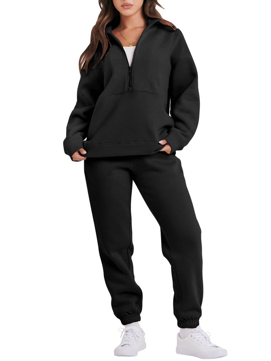 Damen Sportlicher Fleece-Jogginganzug mit halbem Reißverschluss Heidi-Mode