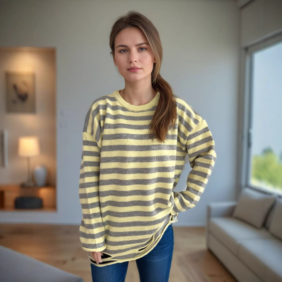 Damen lässiger Oversize-Pullover mit breiten Streifen Heidi-Mode