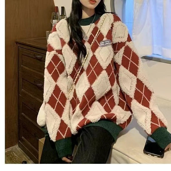 Damen Flauschiger Pullover mit modernem Rhombenmuster und lässigem Schnitt Heidi-Mode