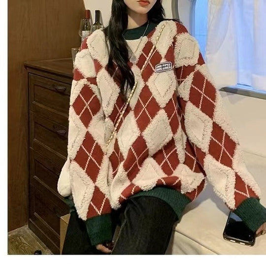 Damen Flauschiger Pullover mit modernem Rhombenmuster und lässigem Schnitt Heidi-Mode