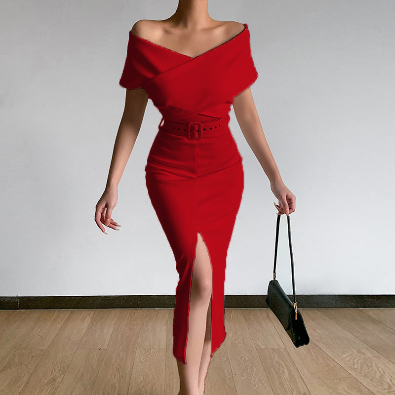 Damen Etuikleid mit schulterfreiem Design und hohem Schlitz Heidi-Mode