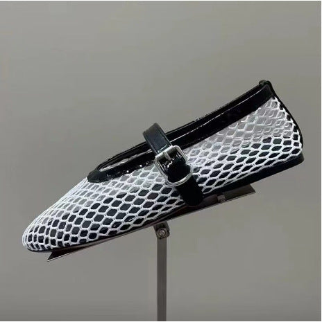 Femme Elegante Mesh Ballerina Flats mit dekorativem Riemen Heidi-Mode