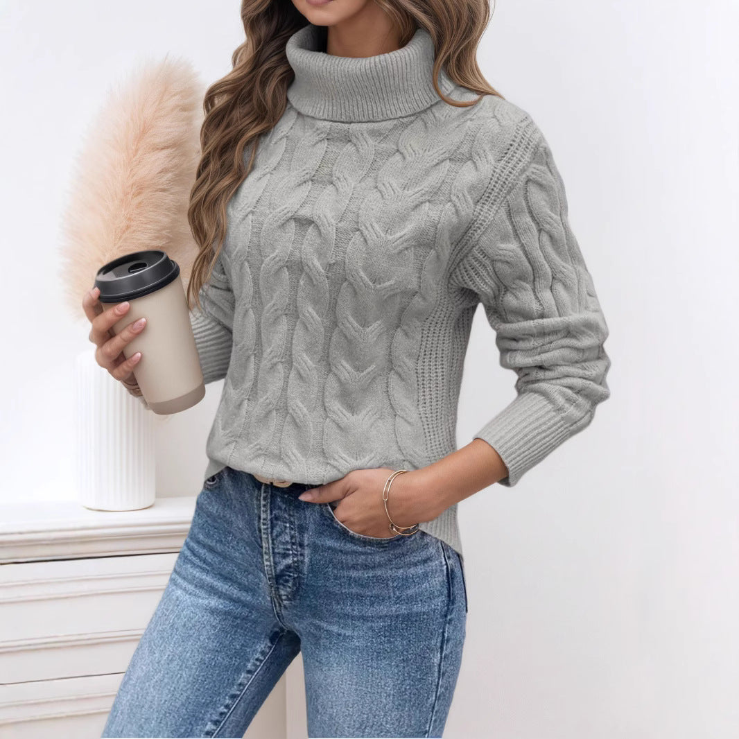 Damen Strickpullover mit hohem Kragen und Zopfmuster Heidi-Mode