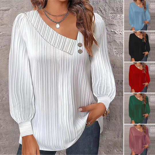 Damen Plissiertes Oberteil mit asymmetrischem Kragen und eleganten Knopfdetails Heidi-Mode