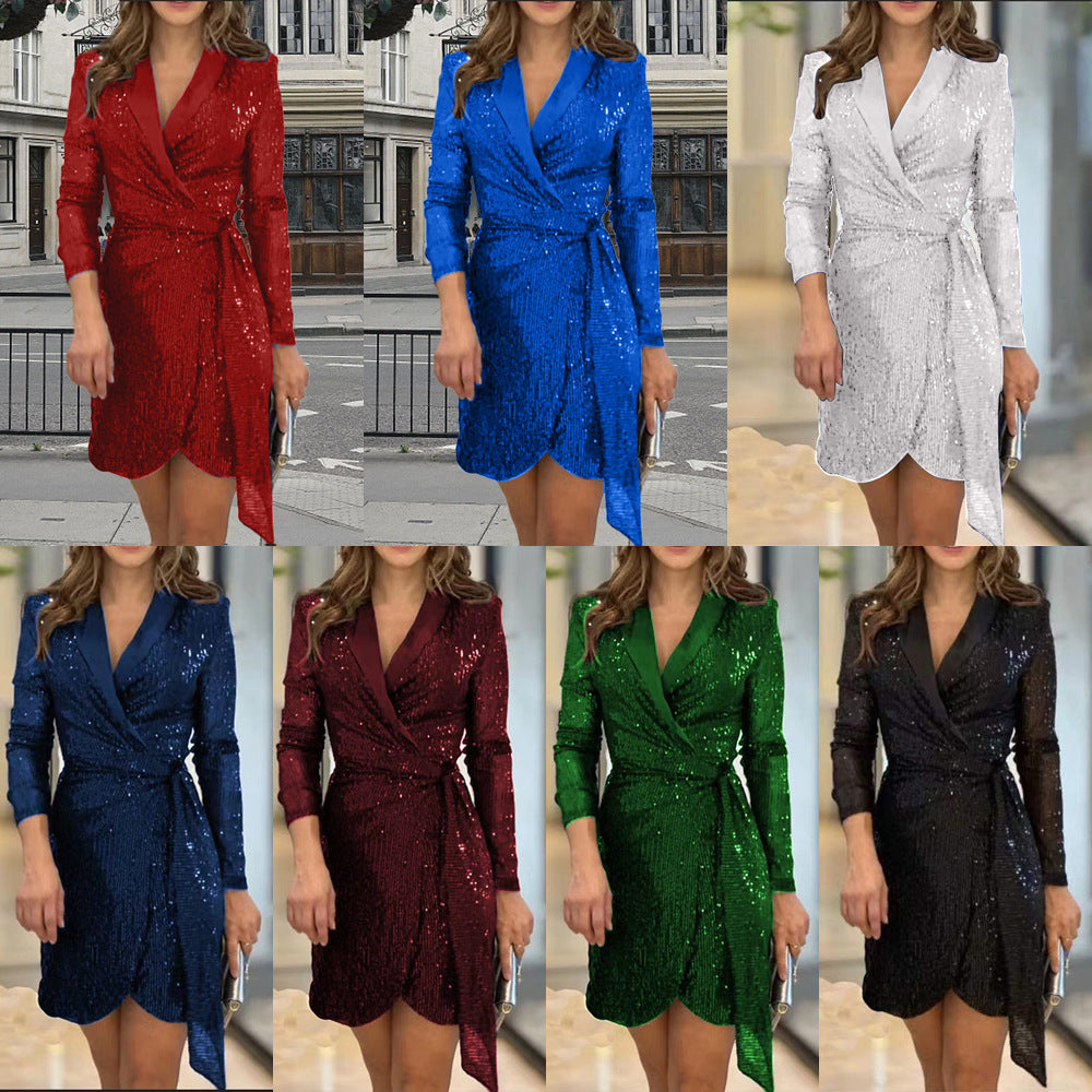 Damen Glamouröses Pailletten Minikleid mit Wickeldesign Heidi-Mode