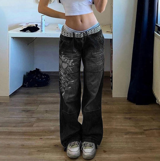 Damen Weit geschnittene Jeans mit einzigartigem Design und prominentem Druck Heidi-Mode