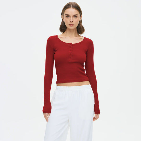 Damen Langarmshirt mit Knopfleiste und figurbetontem Schnitt Heidi-Mode