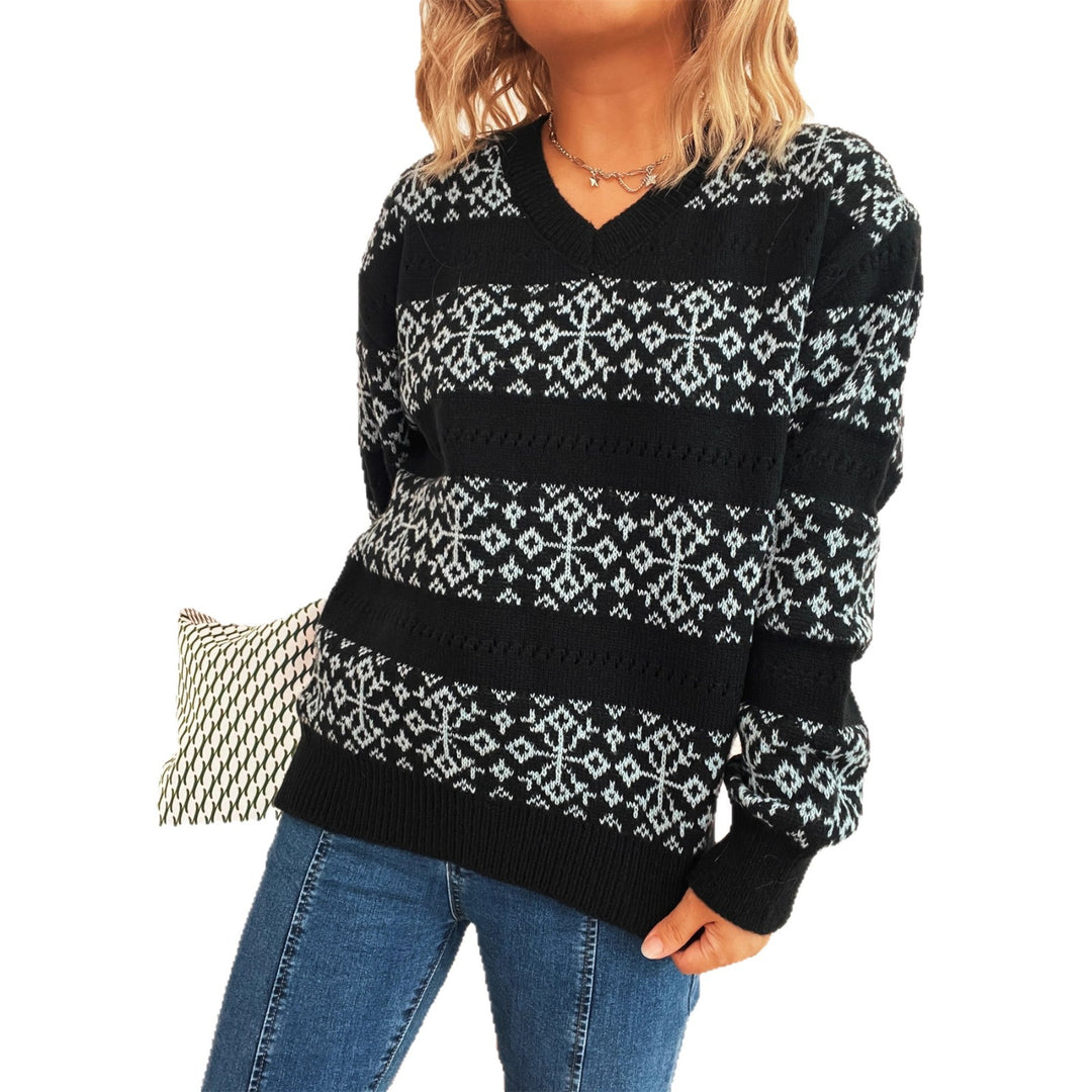 Damen Strickpullover im nordischen Muster mit tiefem V-Ausschnitt Heidi-Mode