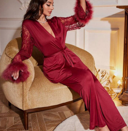 Damen elegantes Satin-Nachthemd mit Spitzenärmeln und Taillengürtel Heidi-Mode