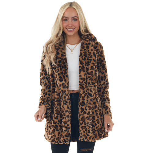 Damen Gemütliche Leopard-Fleecejacke mit offenem Kragen Heidi-Mode