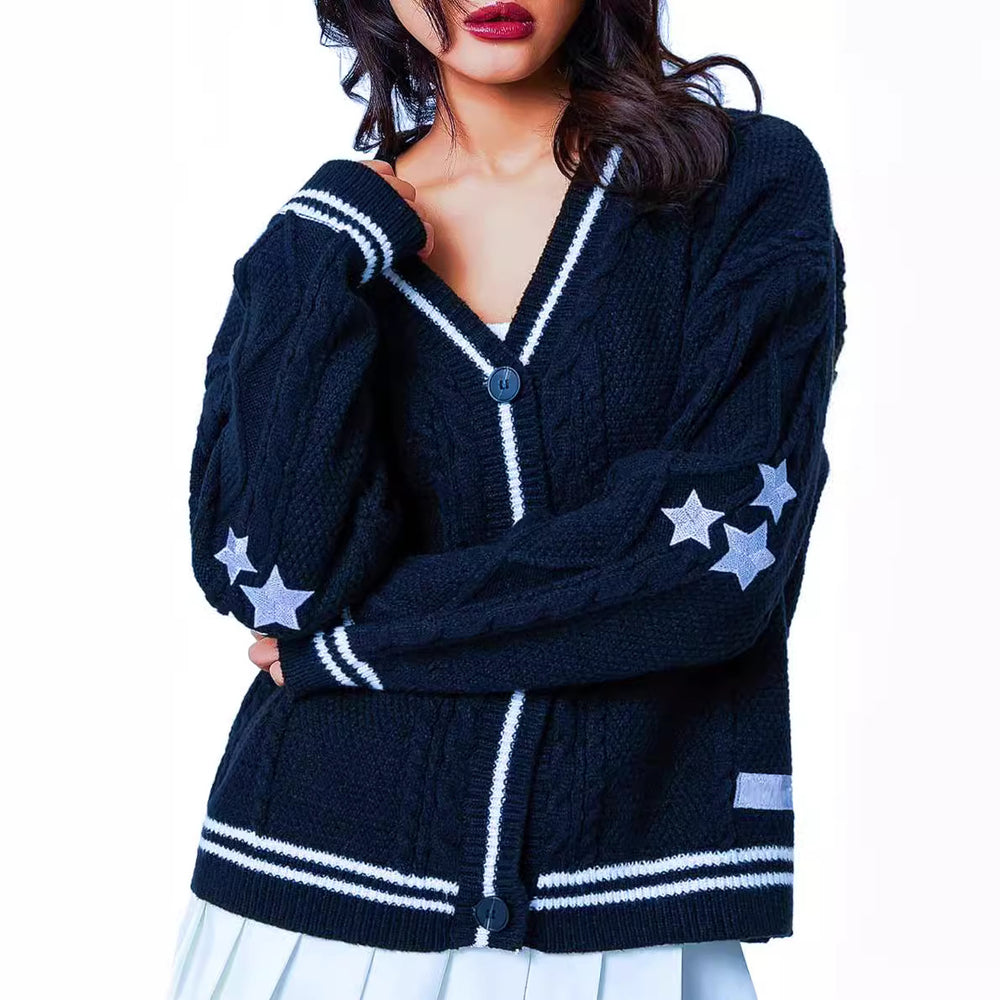 Damen Grob gestrickte Cardigan mit Sternenapplikationen und Knopfverschluss Heidi-Mode