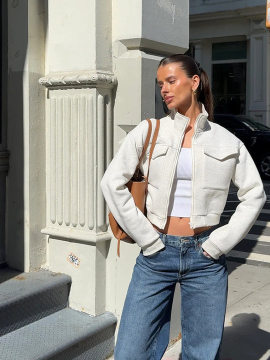 Damen cropped Jacke mit Reißverschluss und Taschen Heidi-Mode