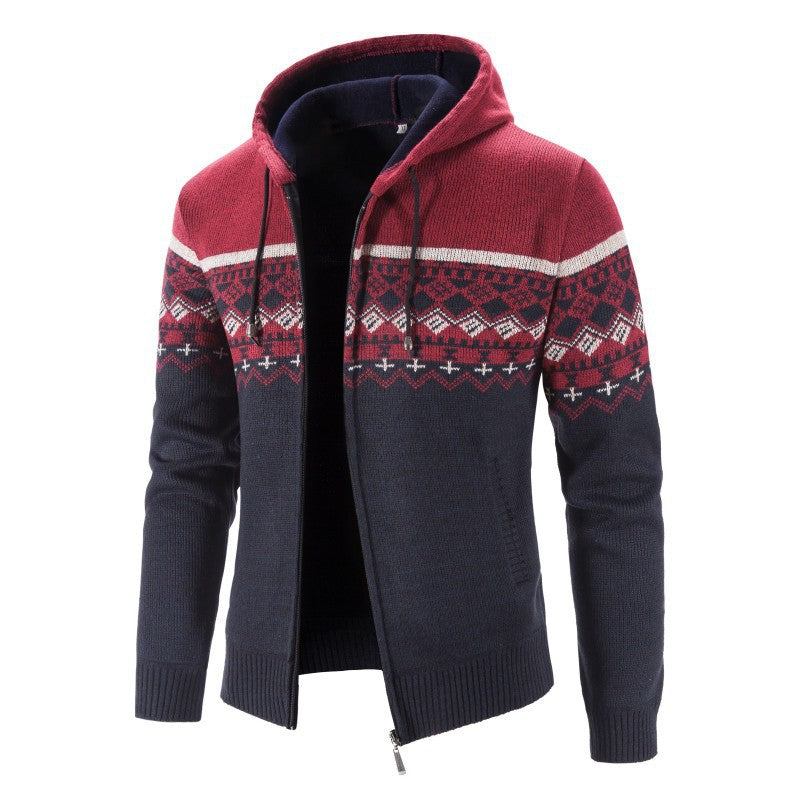 Herren Melierte Strickjacke mit Kapuze und Norweger-Muster Heidi-Mode