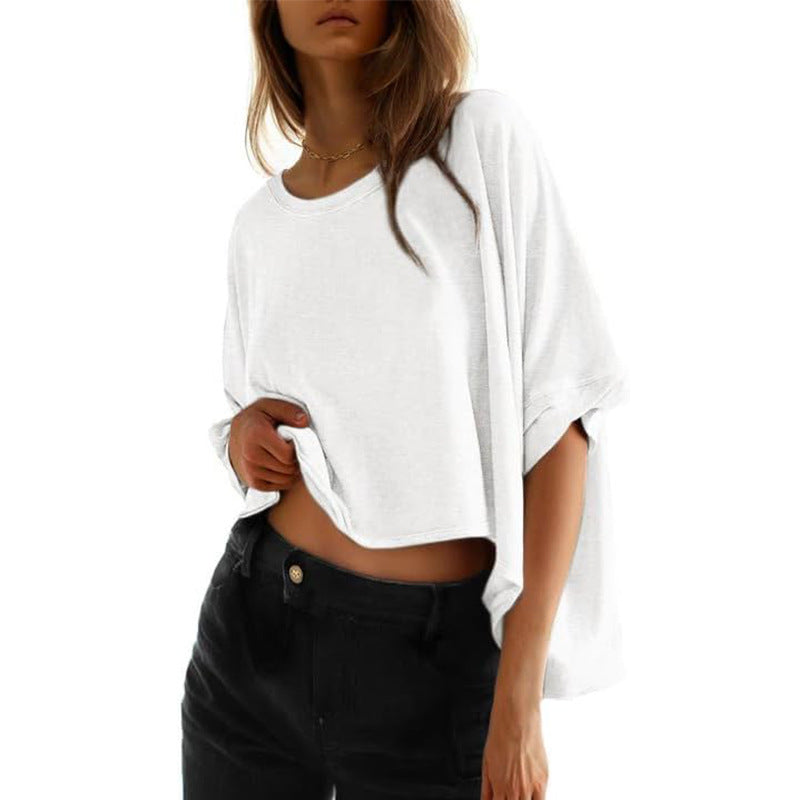 Damen lässiges cropped Oberteil mit weiten Ärmeln und Rundhalsausschnitt Heidi-Mode